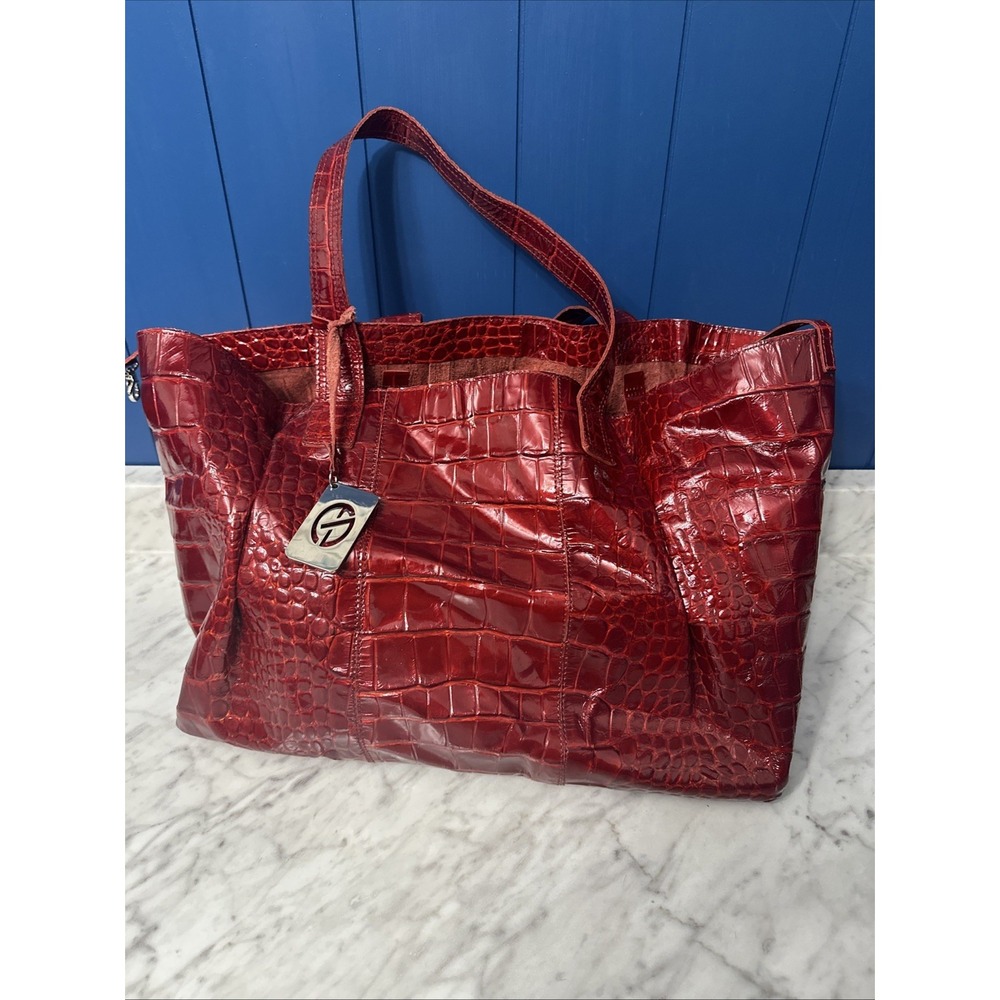 Francesco Biasia Tote Bag Womens Olive Brown Croc Embossed‎ Patent Leather Large